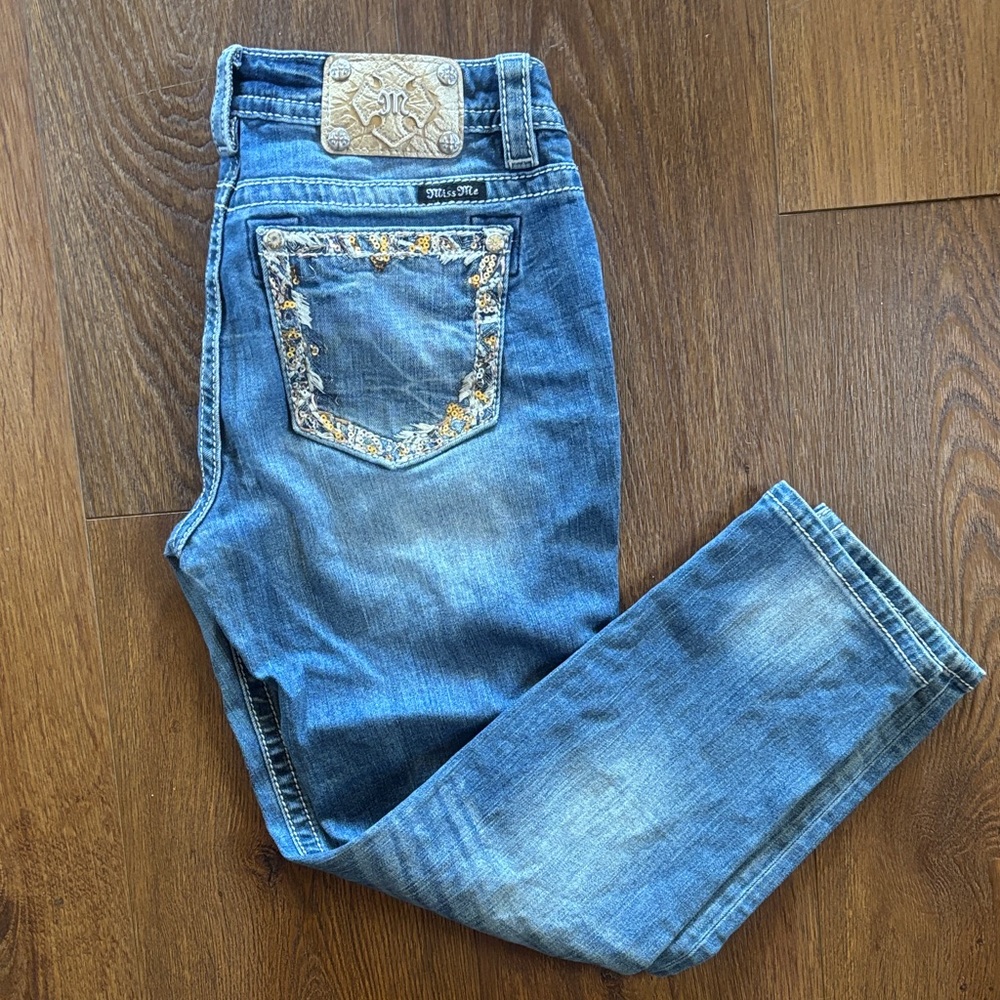 Miss Me Women's Straight Leg Jeans in Blue with Embroidered Pocket